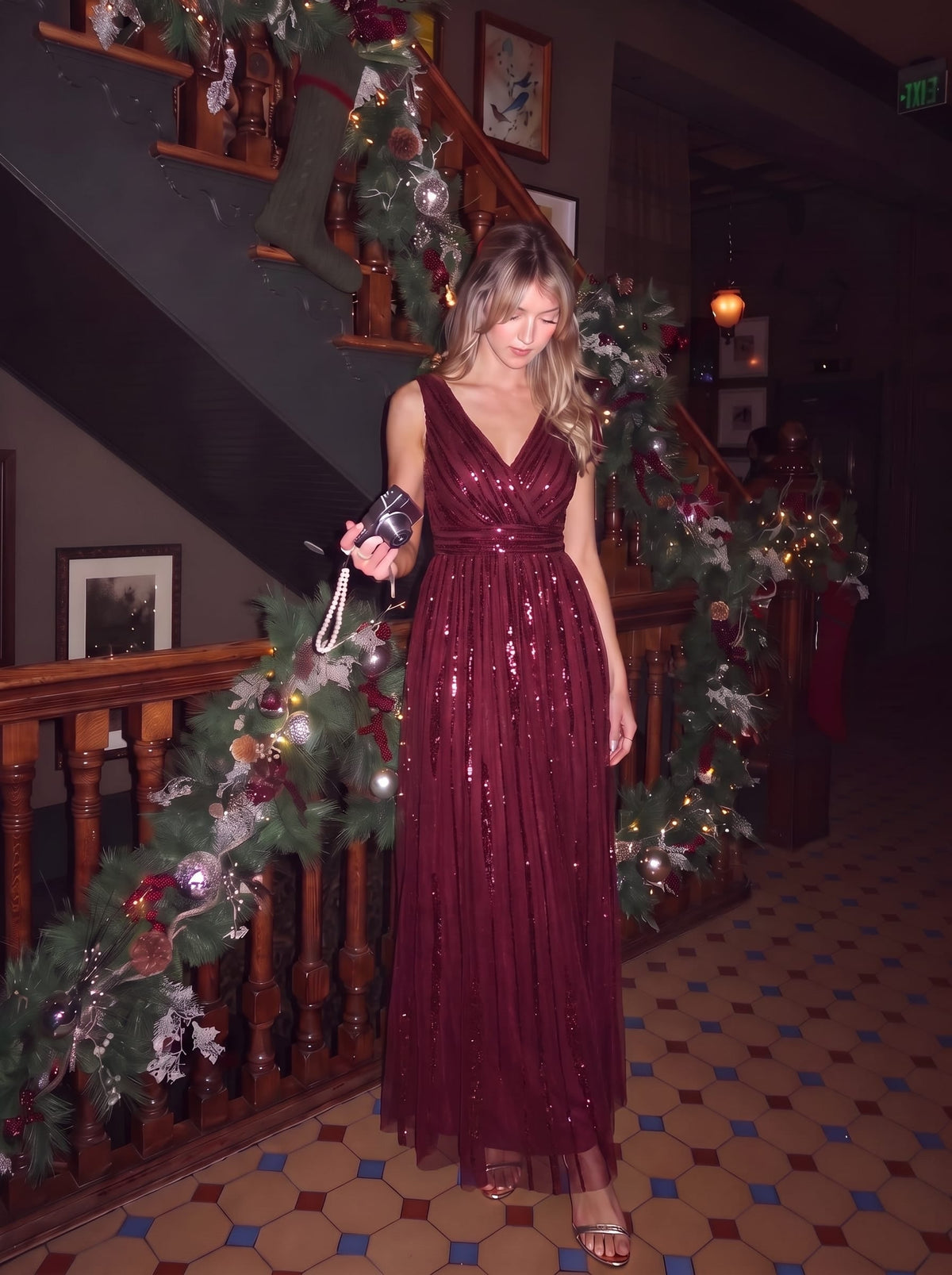 Draped Sequin Tulle Sleeveless Maxi Dress