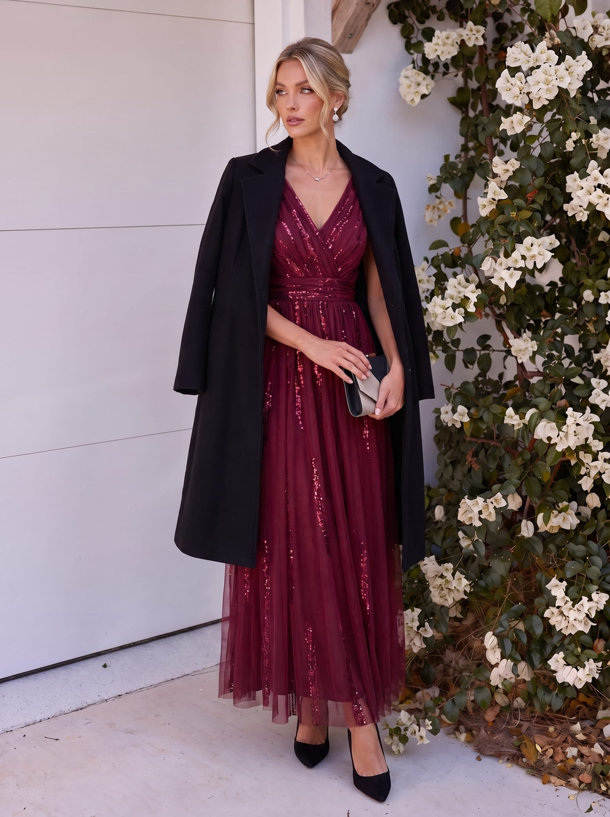 Draped Sequin Tulle Sleeveless Maxi Dress