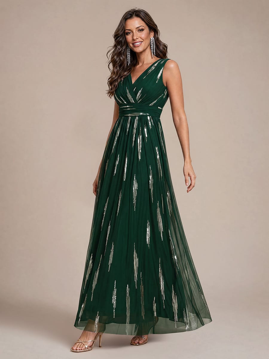 Draped Sequin Tulle Sleeveless Maxi Dress
