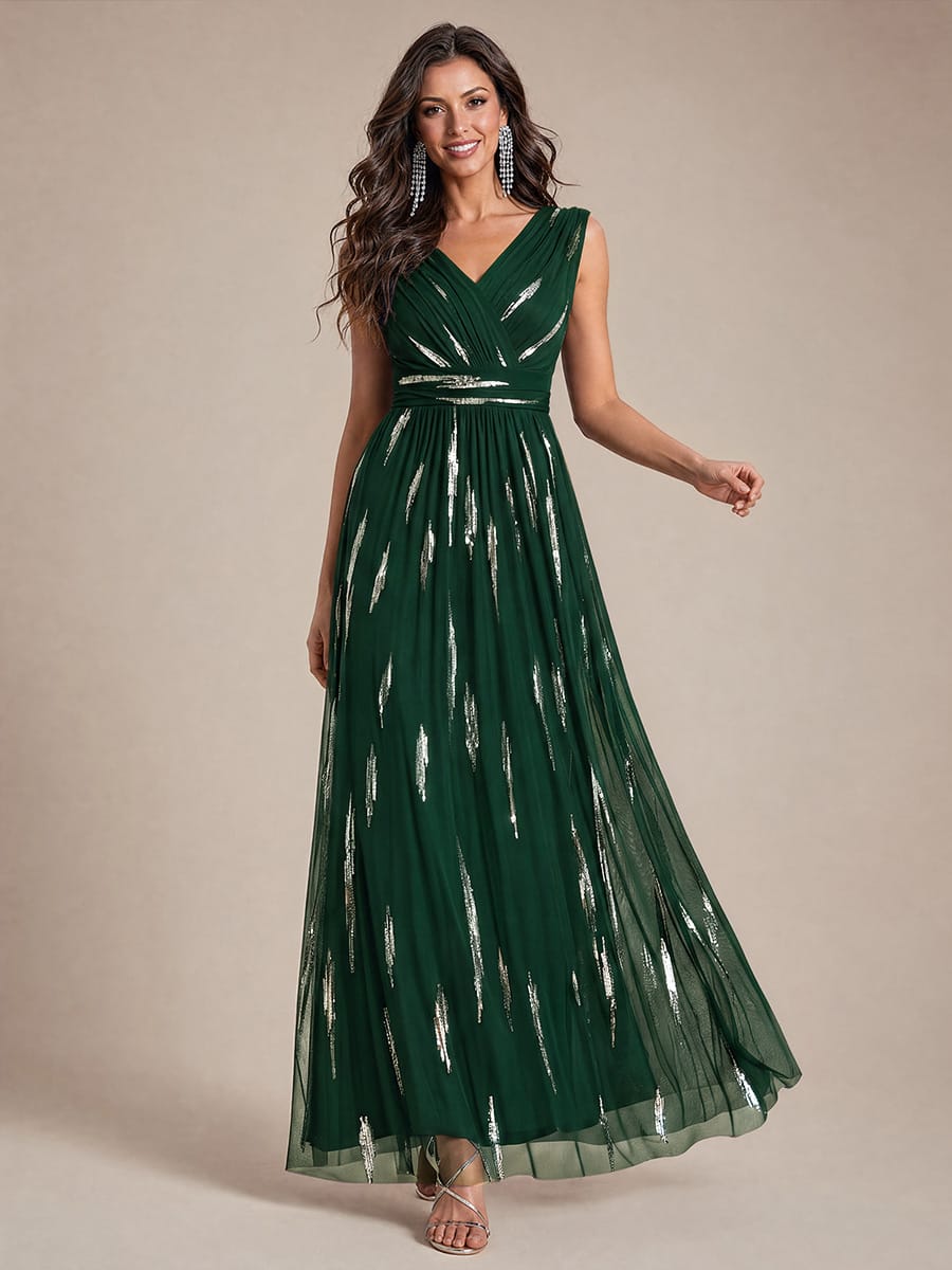 Draped Sequin Tulle Sleeveless Maxi Dress