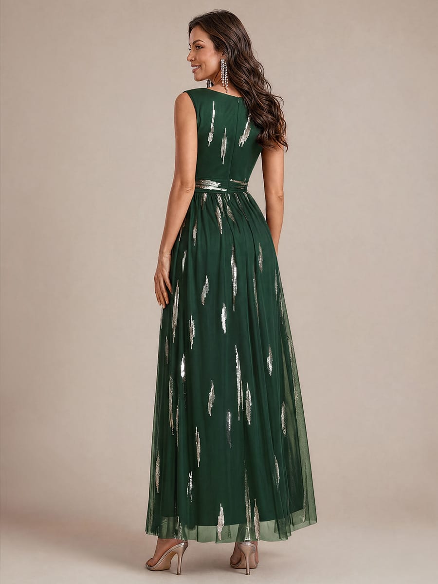 Draped Sequin Tulle Sleeveless Maxi Dress