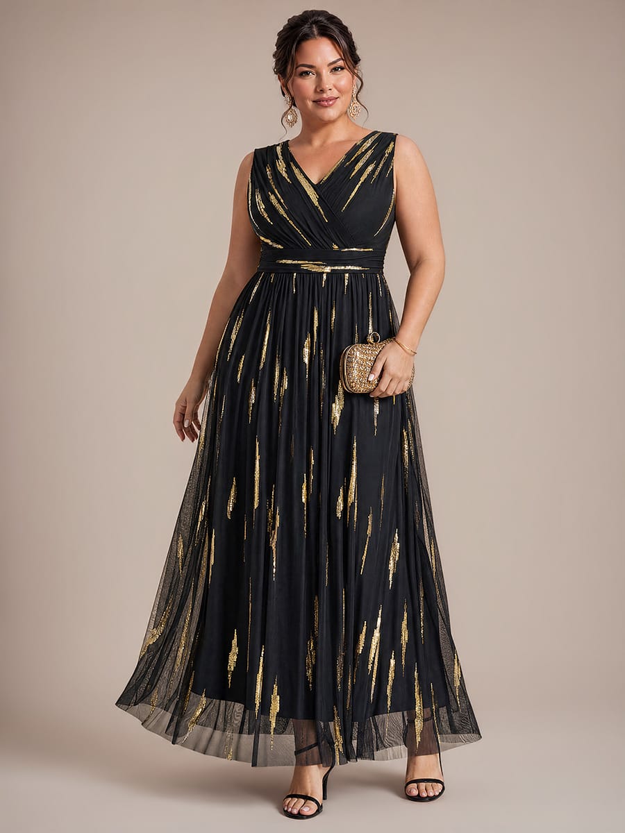 Draped Sequin Tulle Sleeveless Maxi Dress