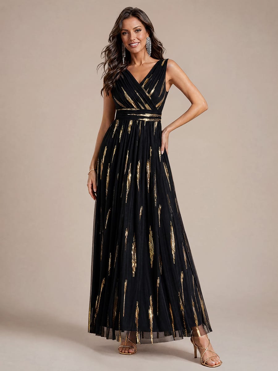 Draped Sequin Tulle Sleeveless Maxi Dress