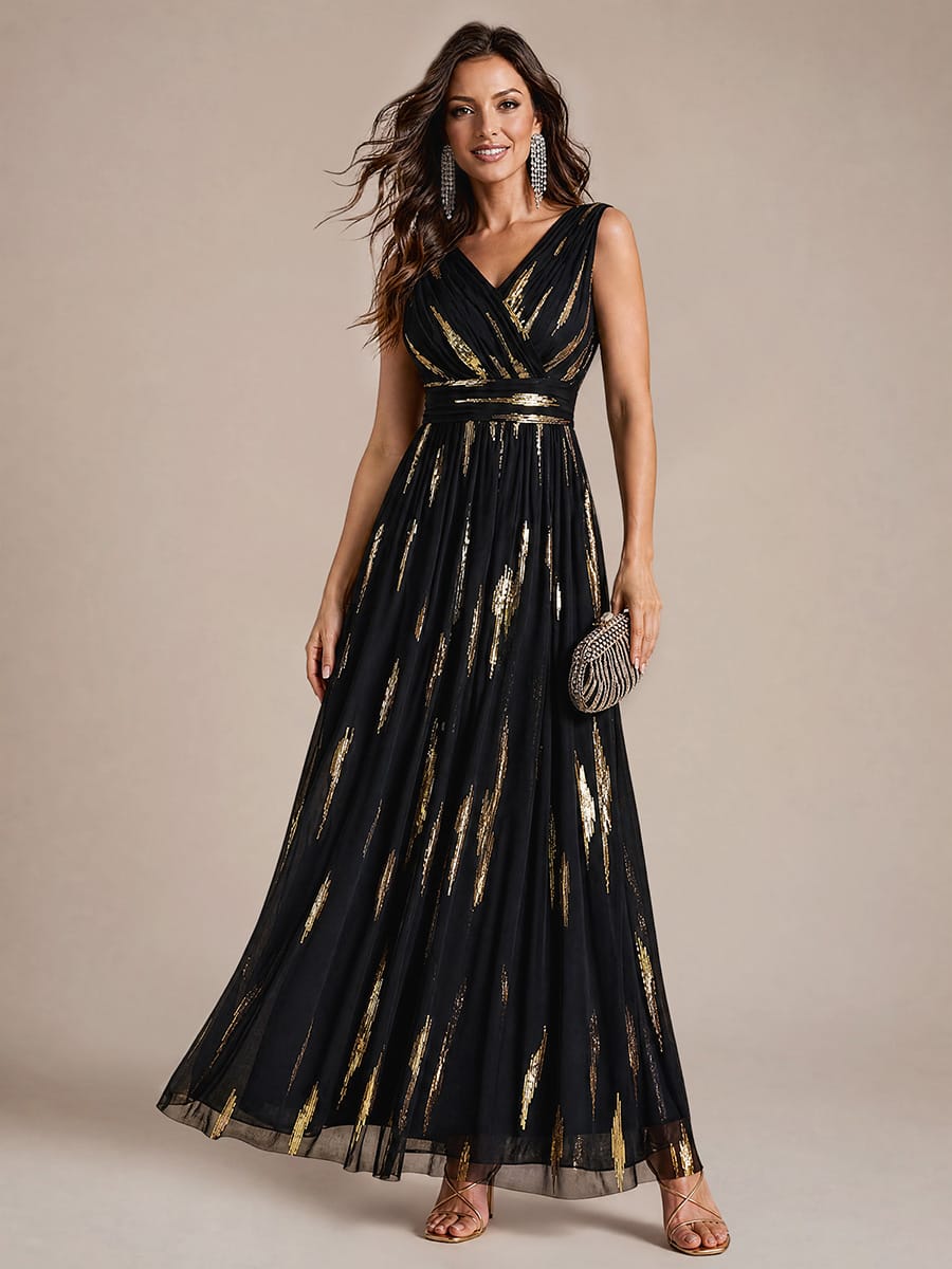 Draped Sequin Tulle Sleeveless Maxi Dress