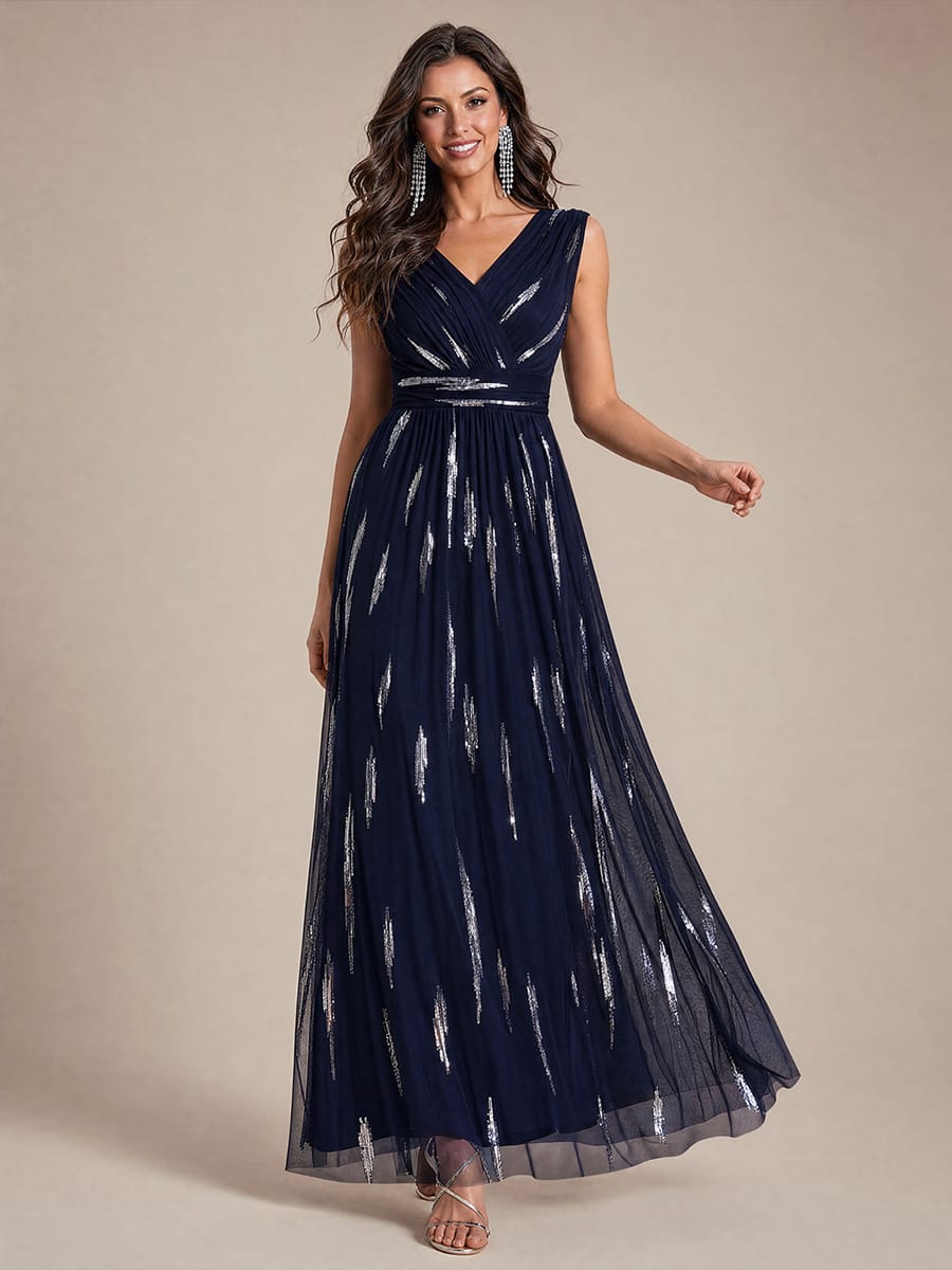 Draped Sequin Tulle Sleeveless Maxi Dress