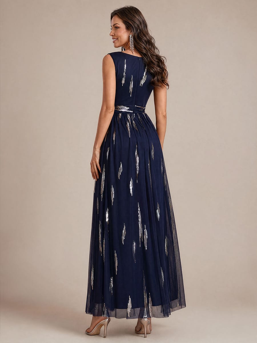 Draped Sequin Tulle Sleeveless Maxi Dress