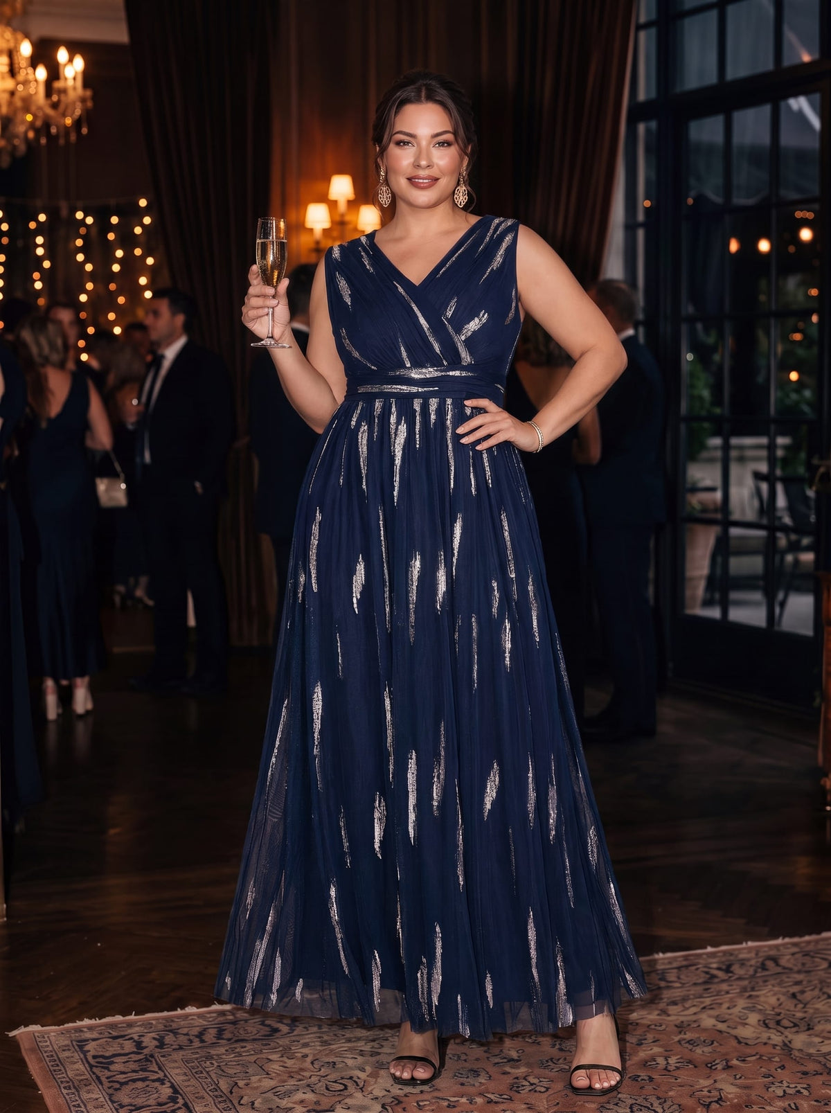 Draped Sequin Tulle Sleeveless Maxi Dress