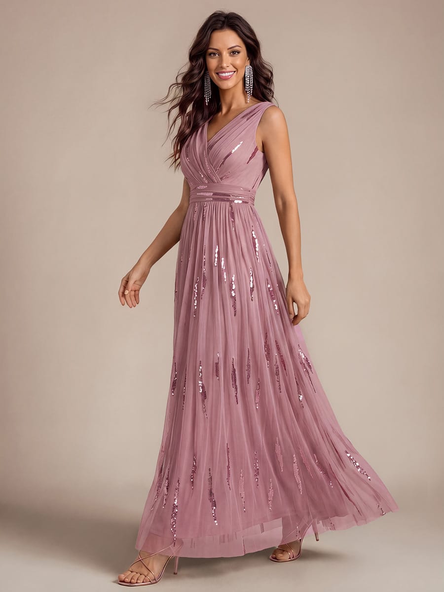 Draped Sequin Tulle Sleeveless Maxi Dress