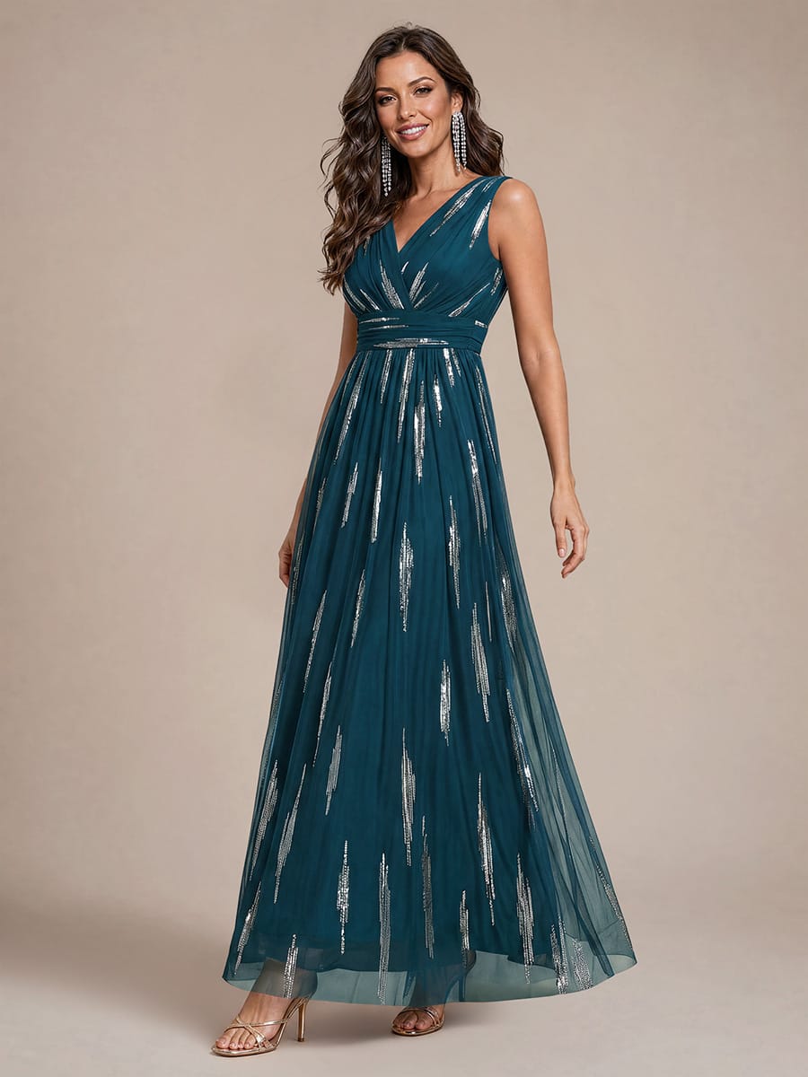 Draped Sequin Tulle Sleeveless Maxi Dress