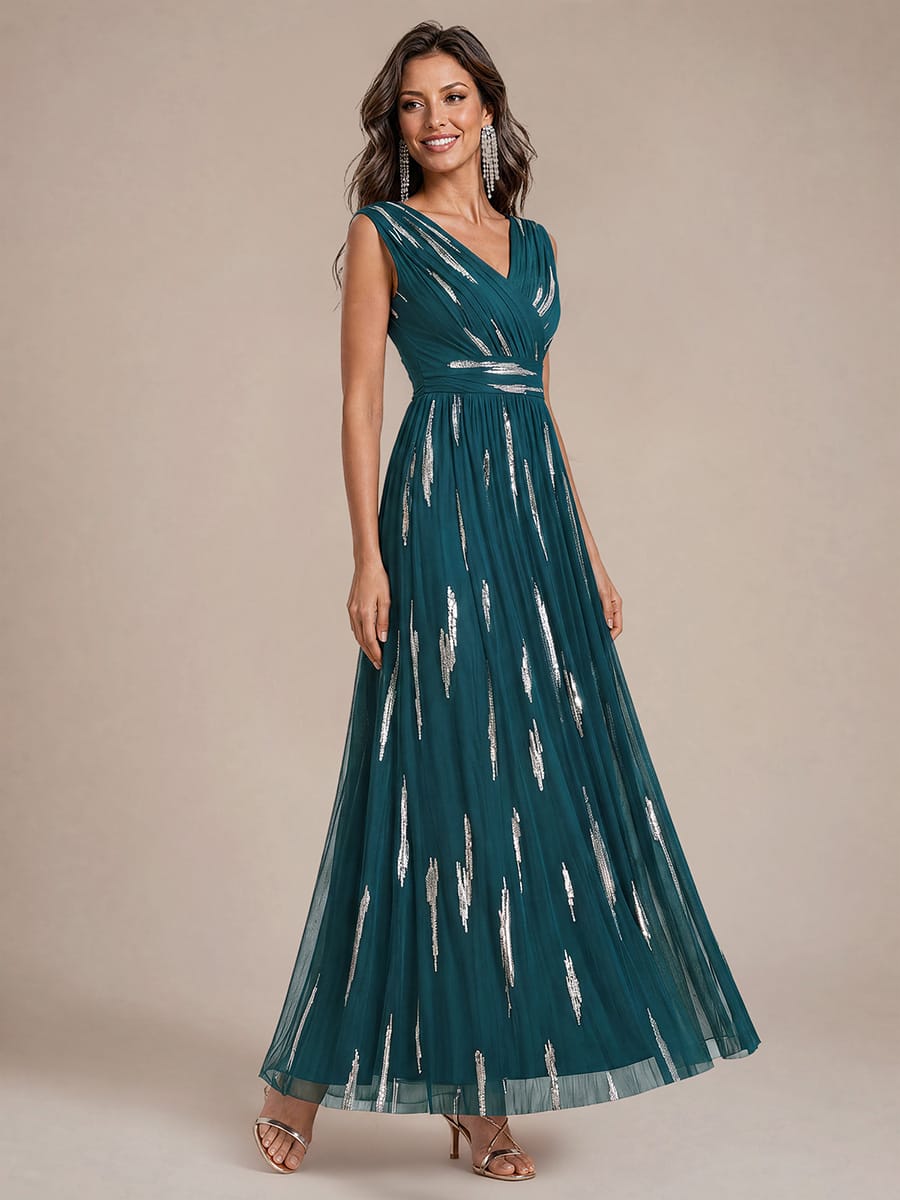 Draped Sequin Tulle Sleeveless Maxi Dress