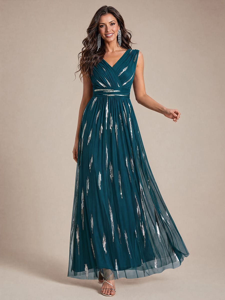 Draped Sequin Tulle Sleeveless Maxi Dress