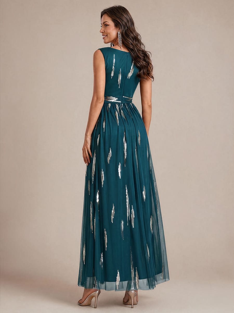 Draped Sequin Tulle Sleeveless Maxi Dress