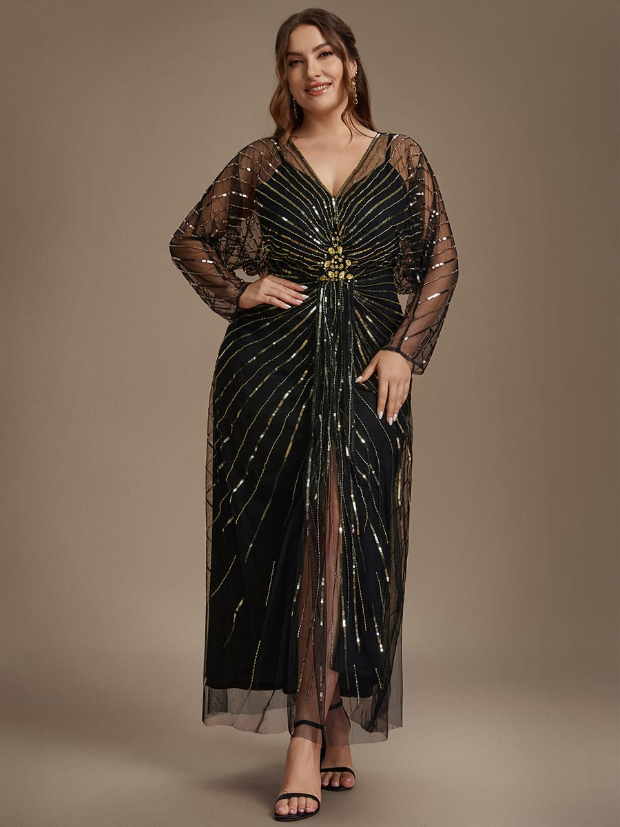 Beaded Sequin Tulle Maxi Dress with Long Sleeves