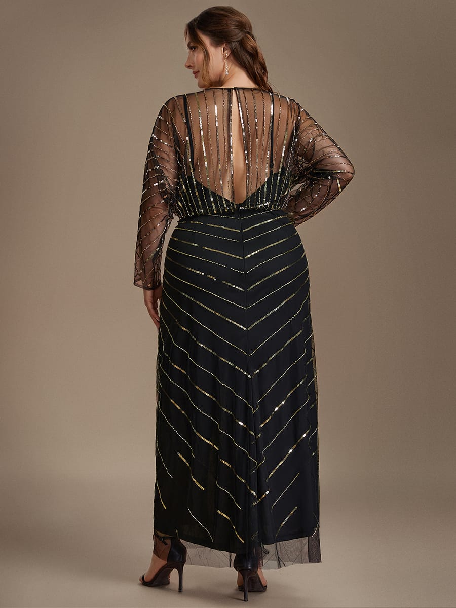 Beaded Sequin Tulle Maxi Dress with Long Sleeves