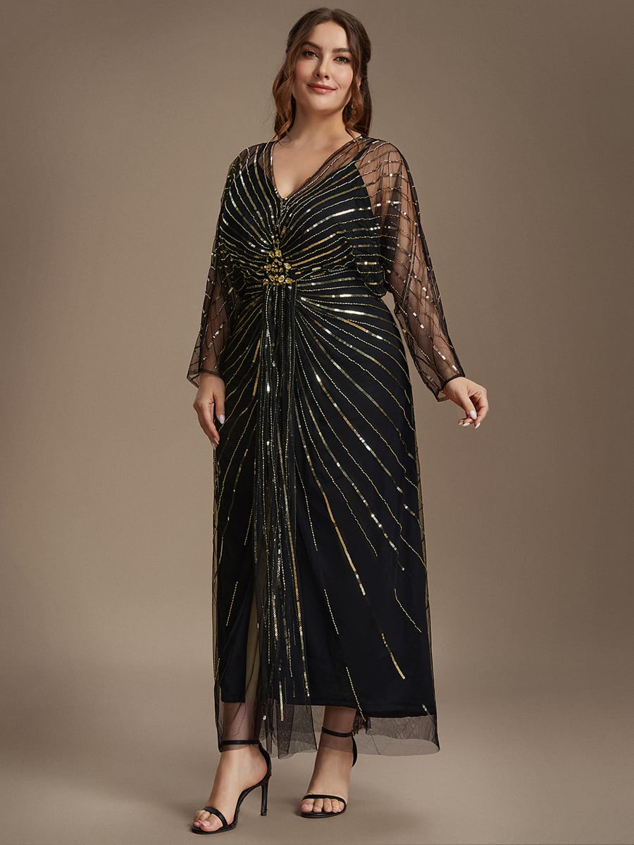 Beaded Sequin Tulle Maxi Dress with Long Sleeves