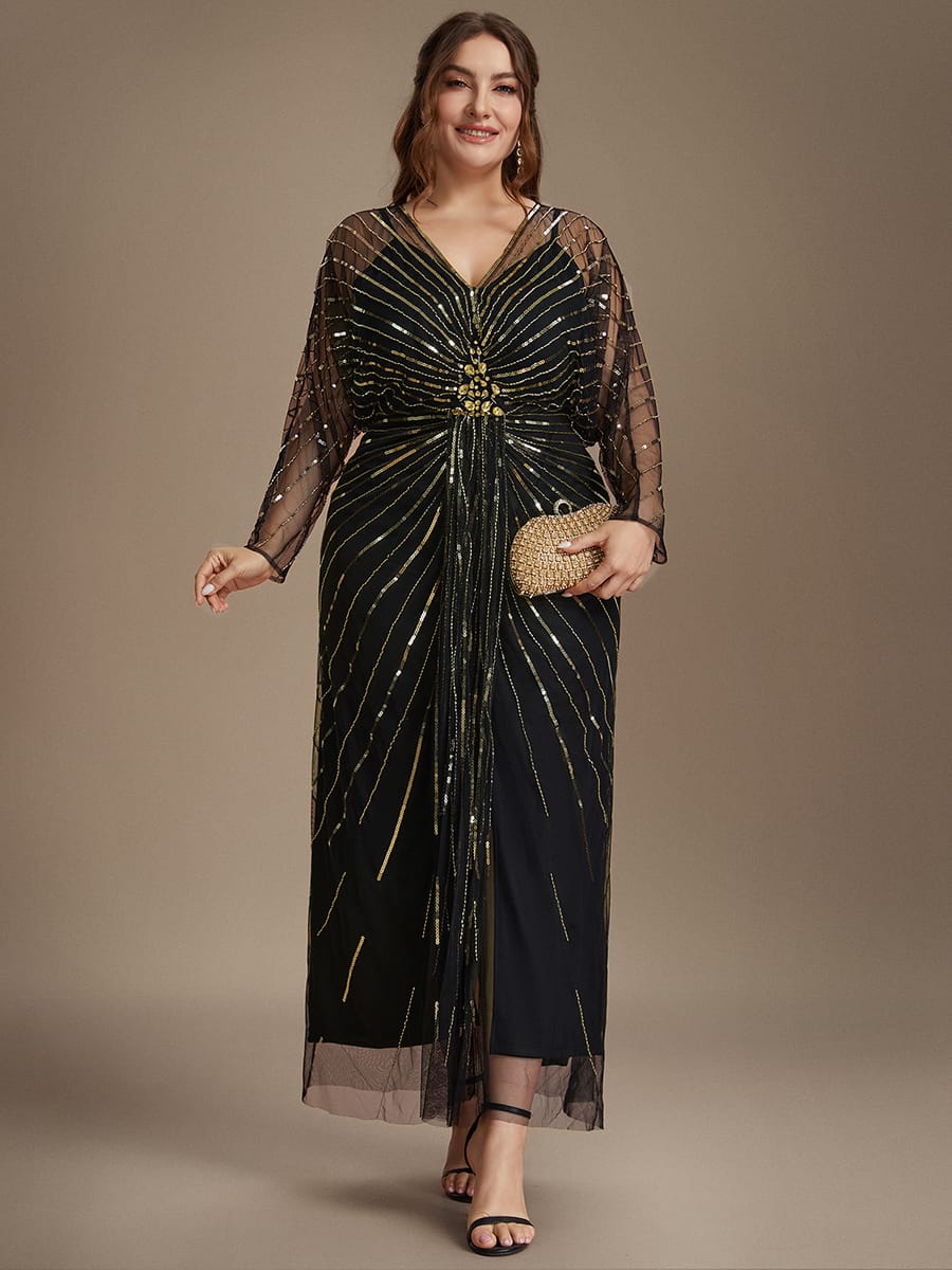 Beaded Sequin Tulle Maxi Dress with Long Sleeves