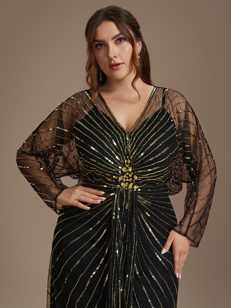 Beaded Sequin Tulle Maxi Dress with Long Sleeves