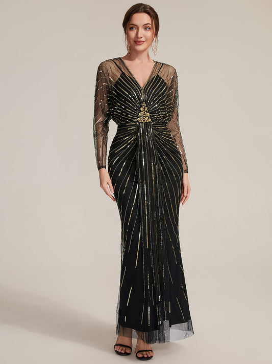 Beaded Sequin Tulle Maxi Dress with Long Sleeves