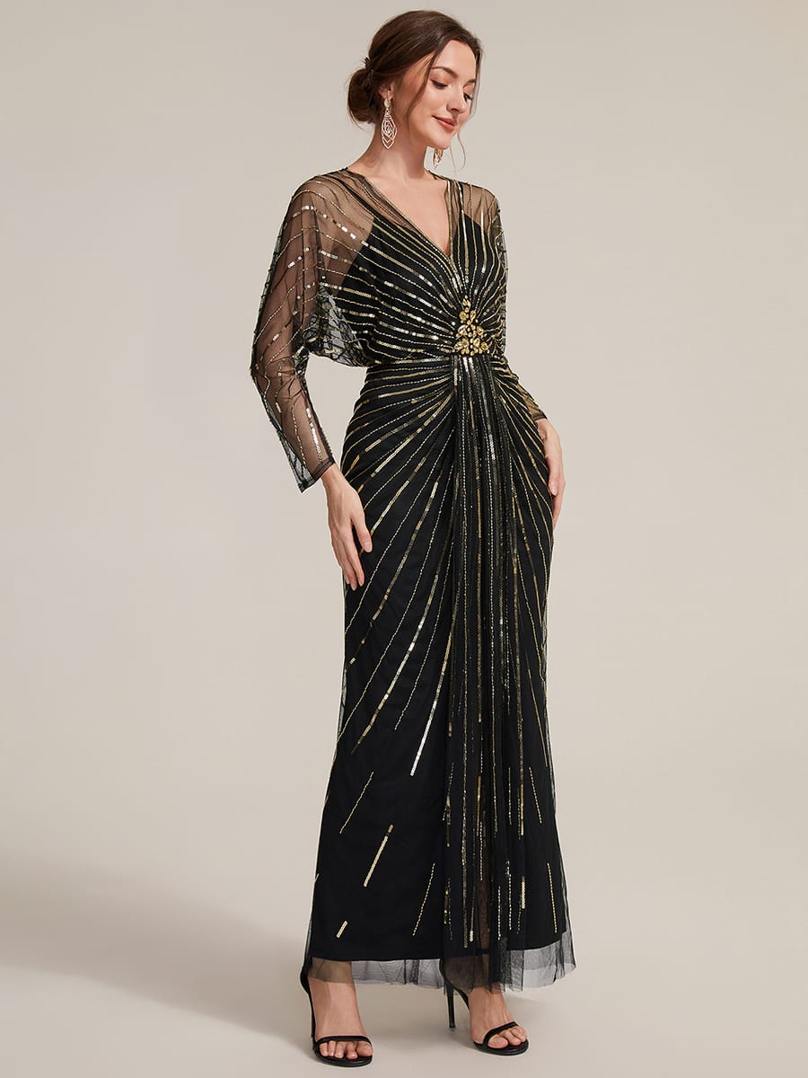Beaded Sequin Tulle Maxi Dress with Long Sleeves