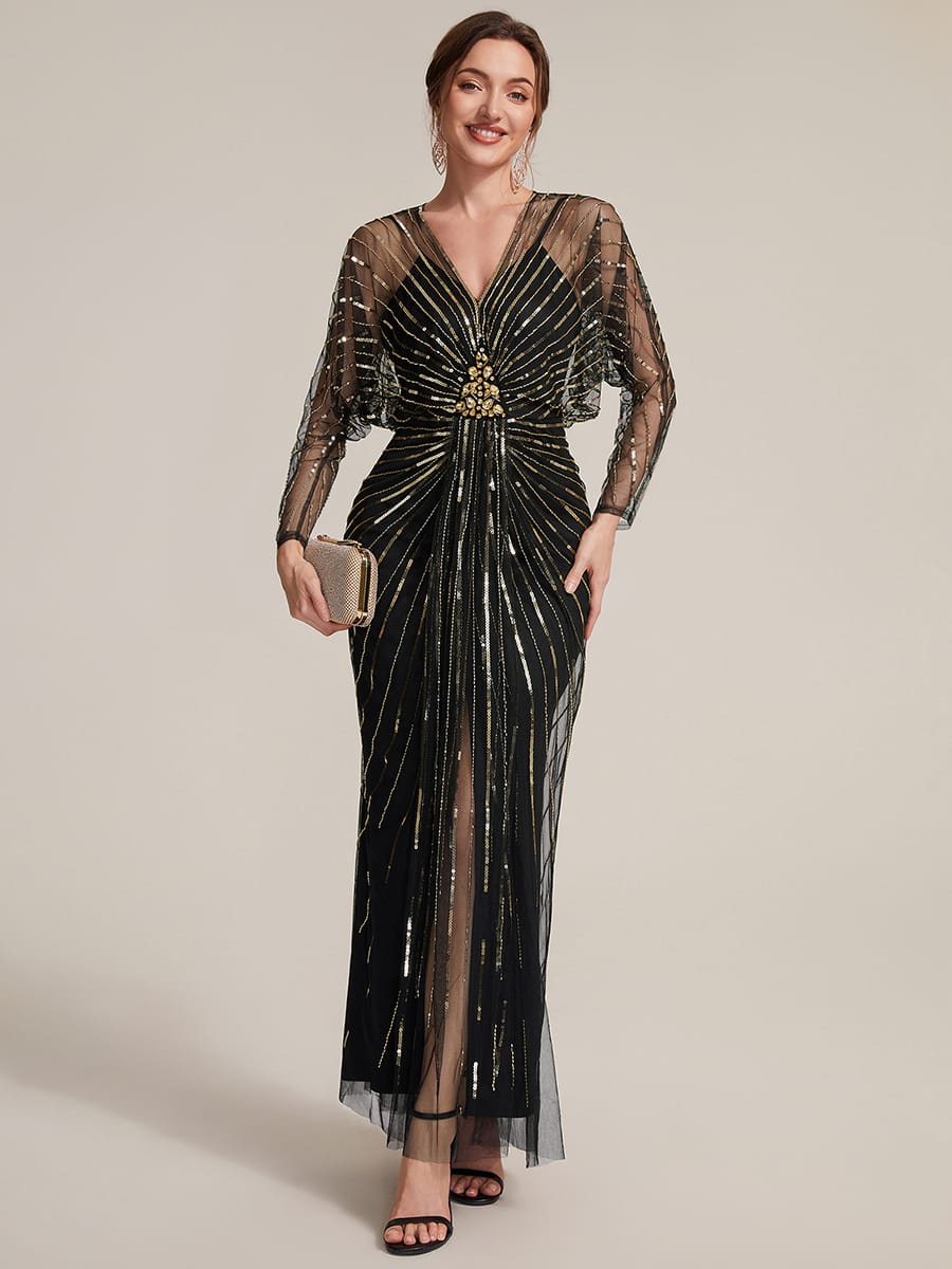 Beaded Sequin Tulle Maxi Dress with Long Sleeves