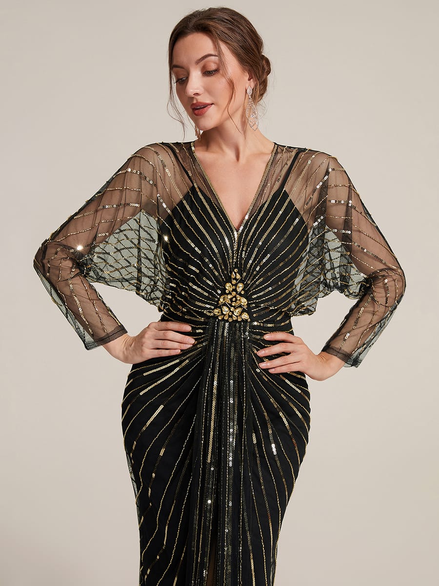 Beaded Sequin Tulle Maxi Dress with Long Sleeves