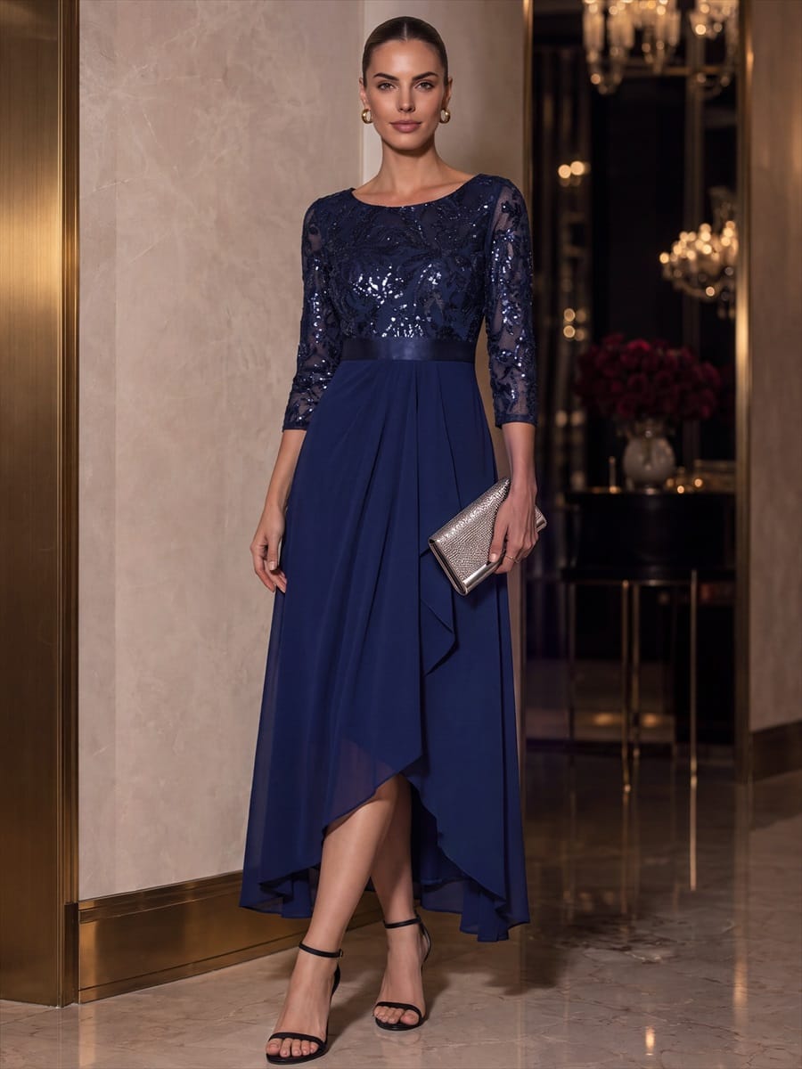 Sequin Ruffle A-Line Chiffon Dress