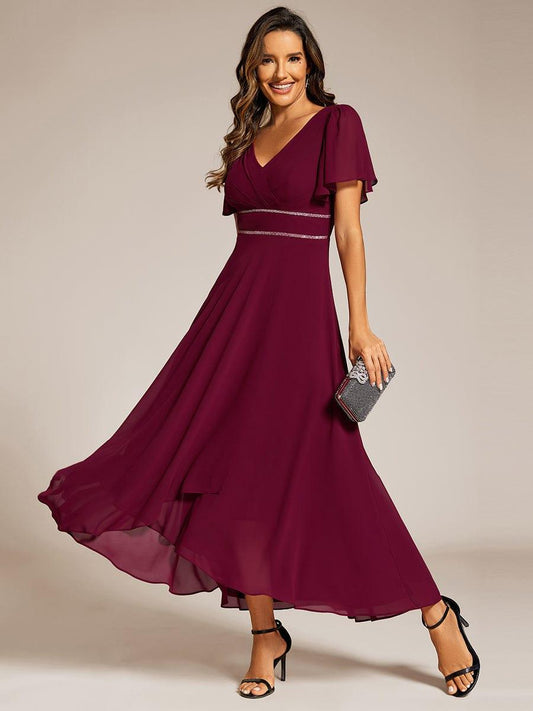 ever DAKOTA|Chiffon Ruffle Sleeves Rhinestone Waist High-Low Wedding Guest Dress