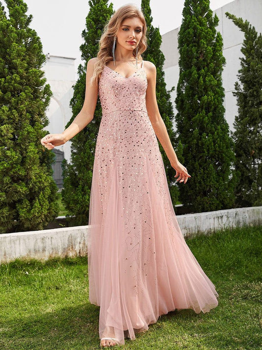 ever BERKLYN|Sequined V-Neck Tulle Sleeveless Dress with Empire Waist In Pink