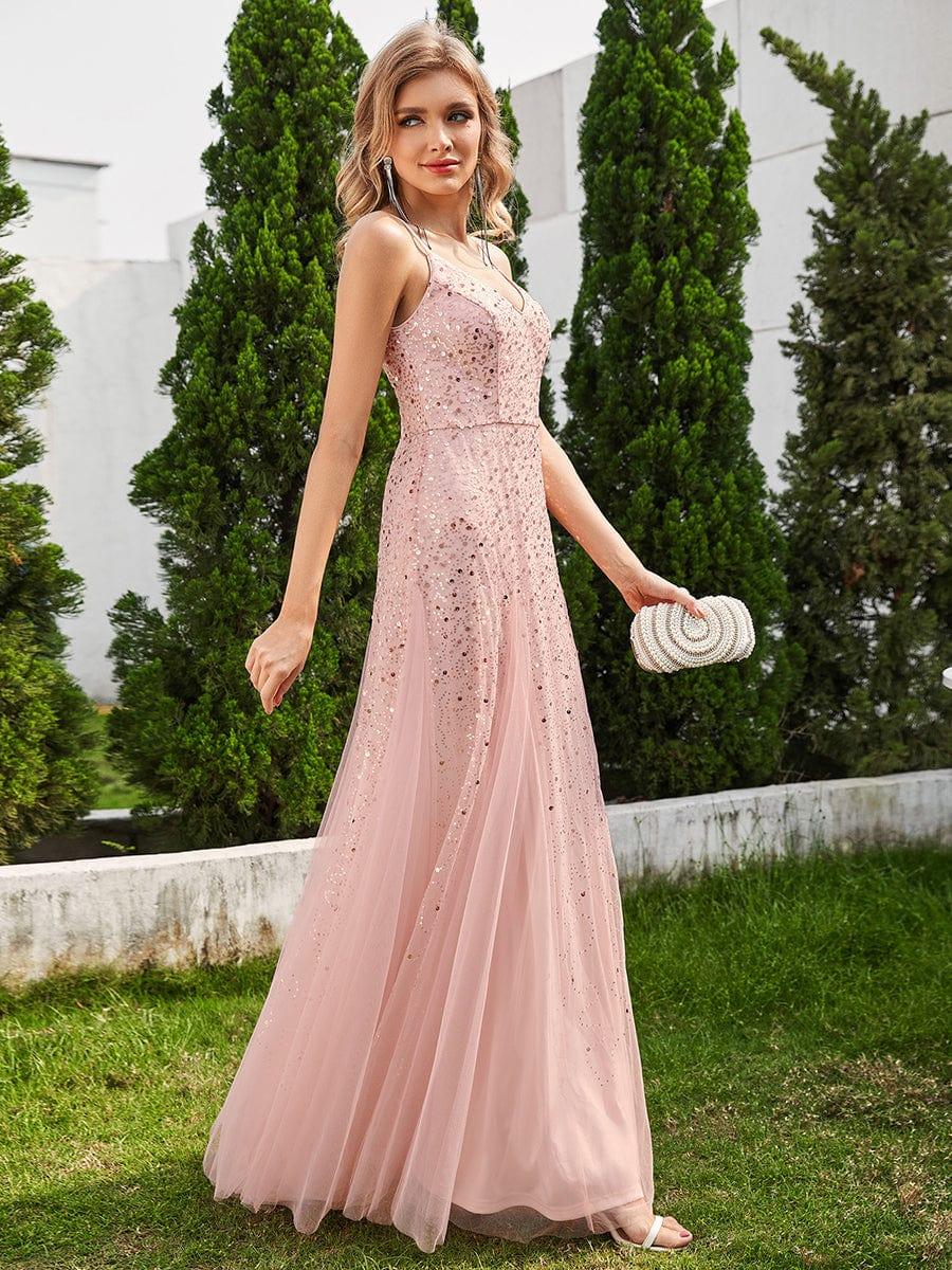 ever BERKLYN|Sequined V-Neck Tulle Sleeveless Dress with Empire Waist In Pink