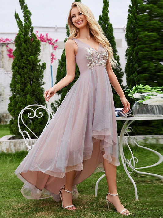 Sleeveless V-Neck A-Line High-Low Embroidered Applique Tulle Evening Dress (Final Sale)