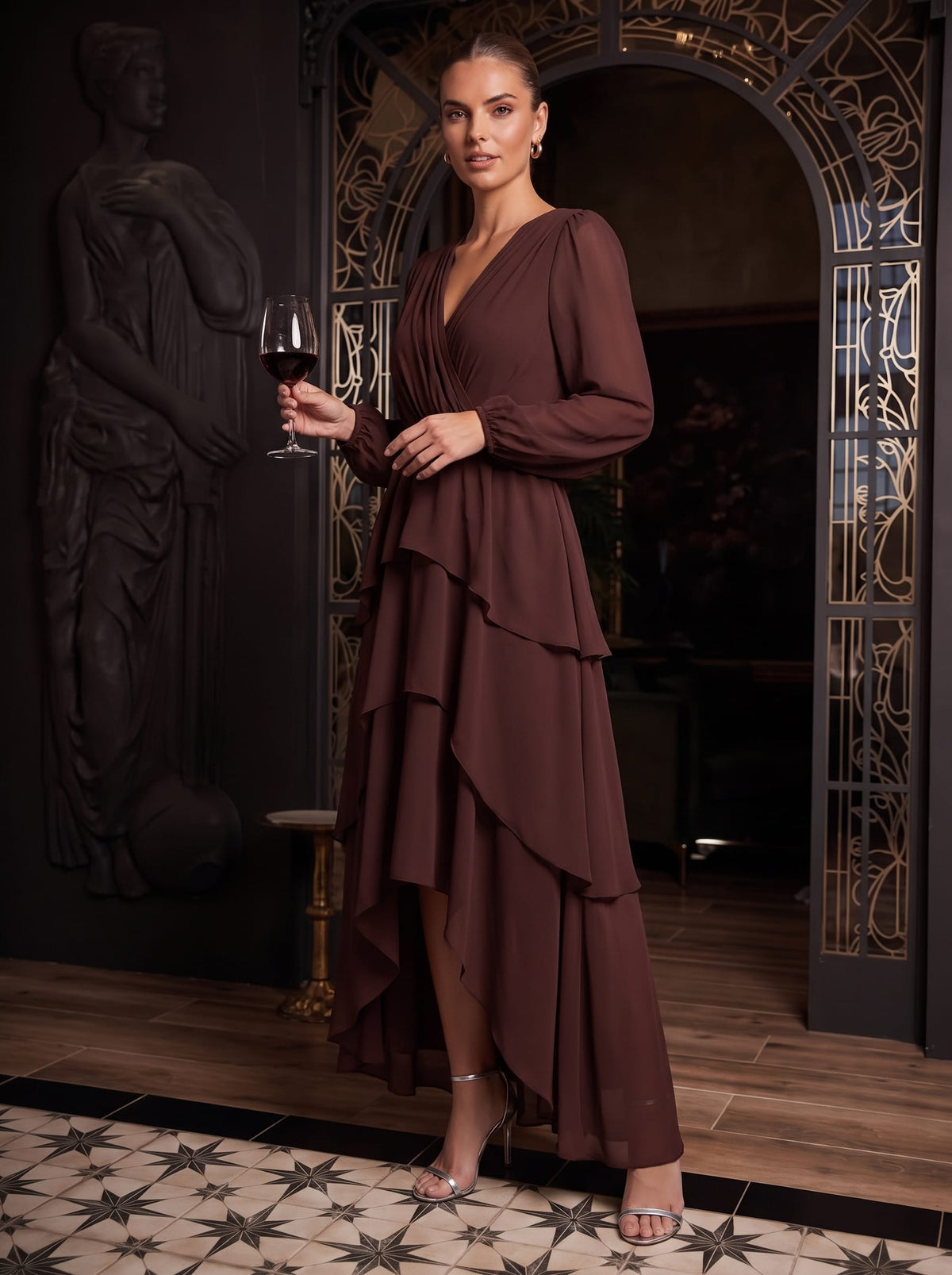 Chiffon Long Sleeve High Low Dress