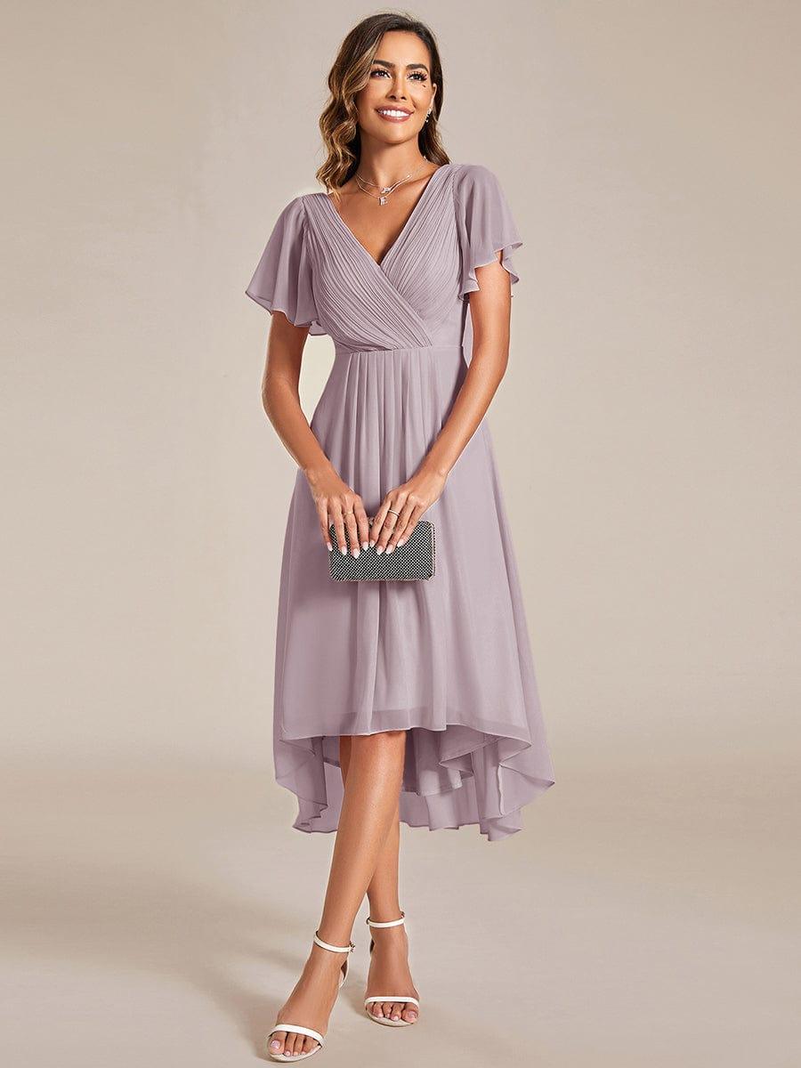 ever FAYE|Chic V Neck High-Low Short Sleeve Wedding Guest Dress