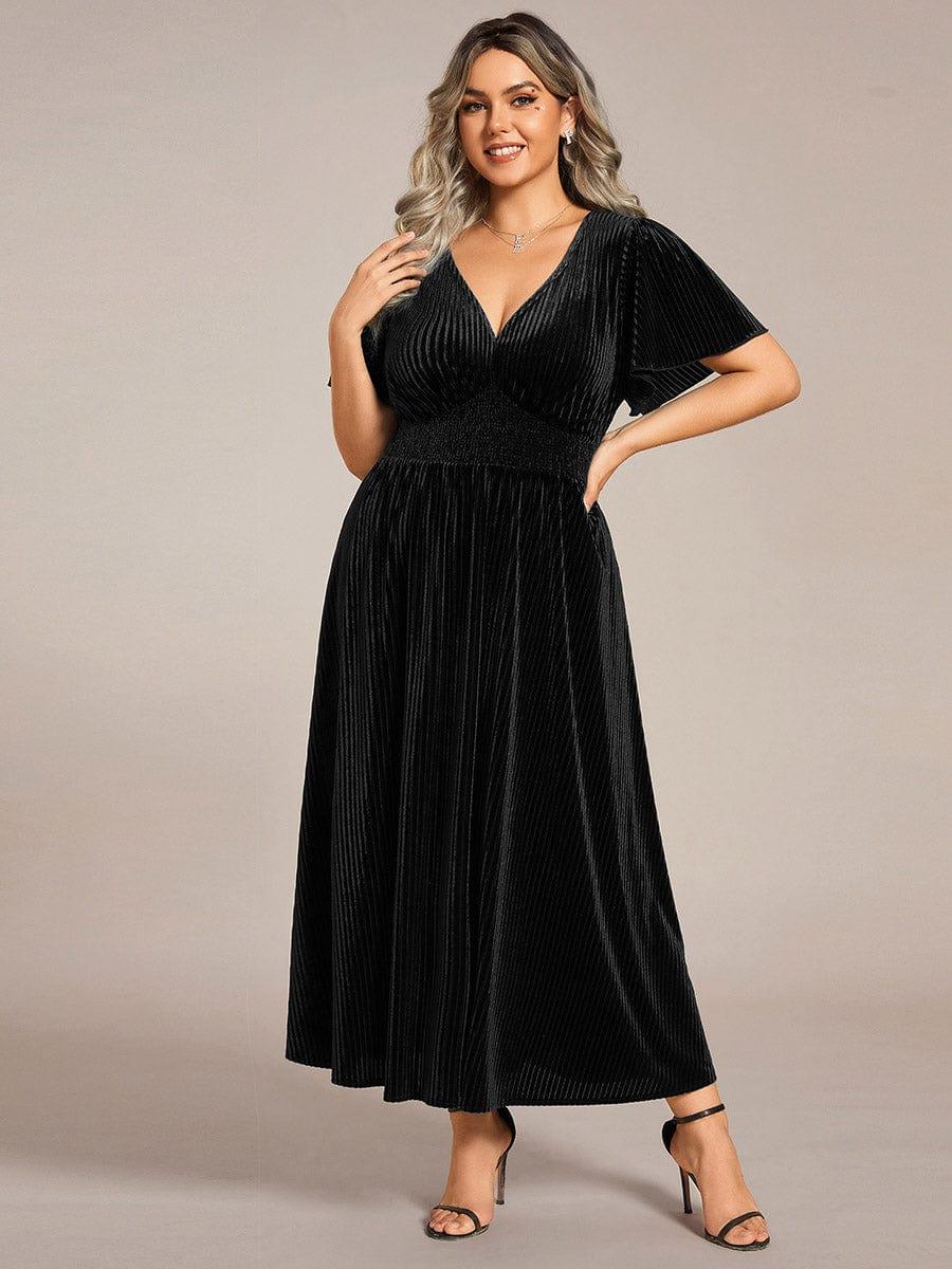 ever AZALEA|Striped Velvet Flutter Sleeves V-Neck Midi Evening Dress