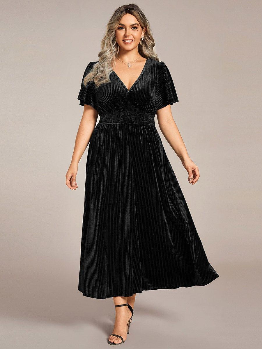 ever AZALEA|Striped Velvet Flutter Sleeves V-Neck Midi Evening Dress