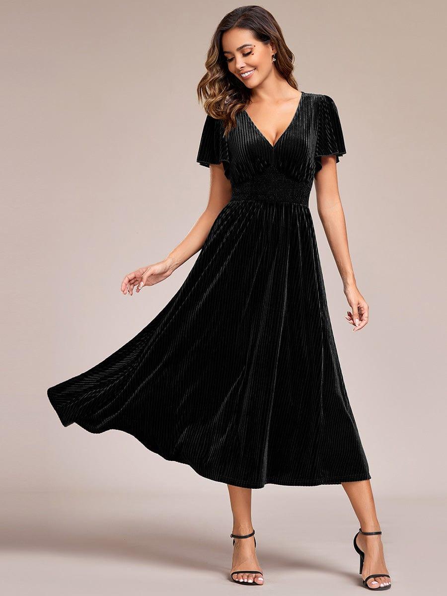 ever AZALEA|Striped Velvet Flutter Sleeves V-Neck Midi Evening Dress