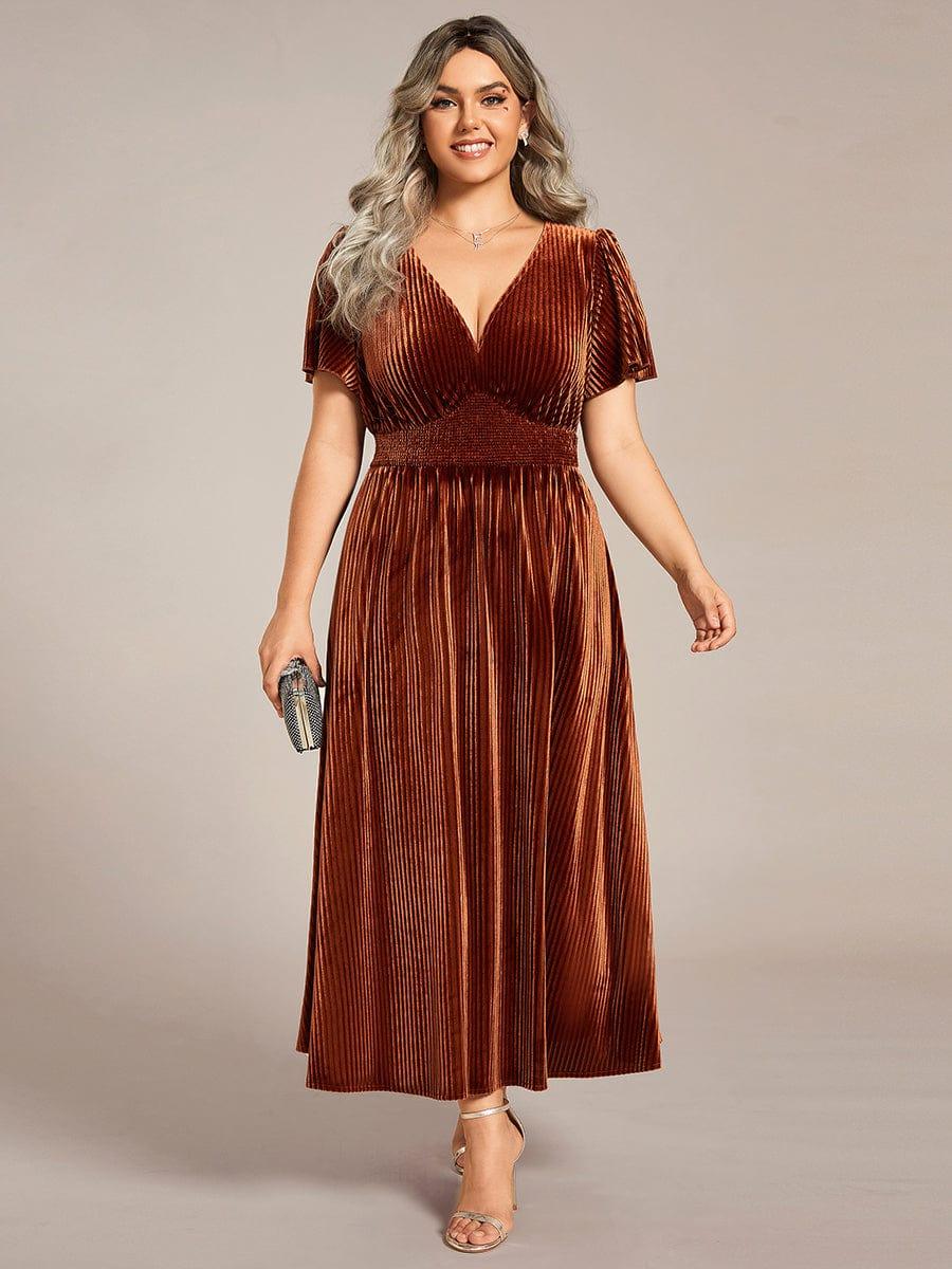 ever AZALEA|Striped Velvet Flutter Sleeves V-Neck Midi Evening Dress