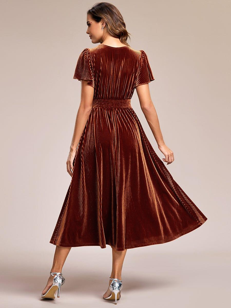 ever AZALEA|Striped Velvet Flutter Sleeves V-Neck Midi Evening Dress