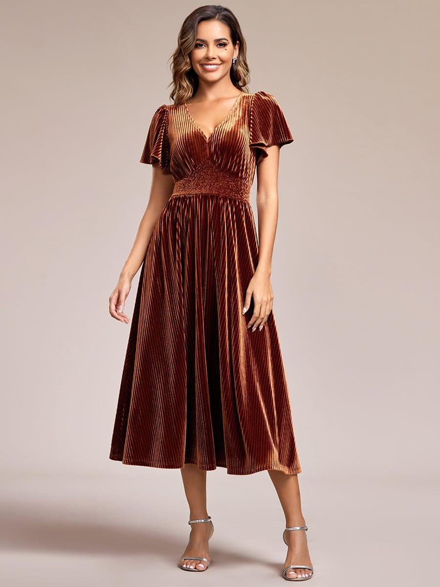 ever AZALEA|Striped Velvet Flutter Sleeves V-Neck Midi Evening Dress