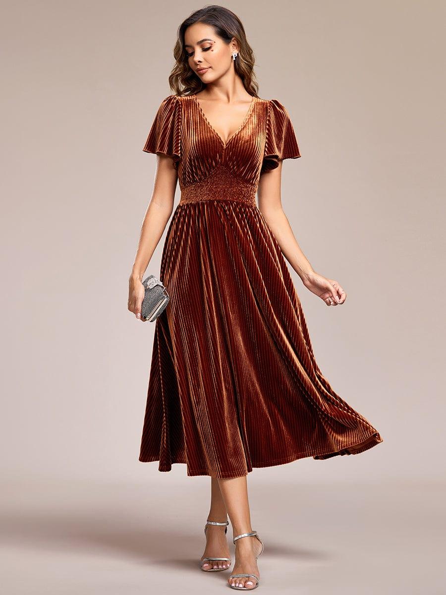 ever AZALEA|Striped Velvet Flutter Sleeves V-Neck Midi Evening Dress