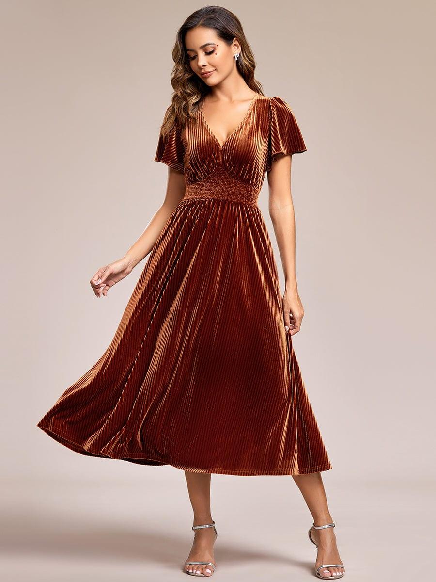 ever AZALEA|Striped Velvet Flutter Sleeves V-Neck Midi Evening Dress