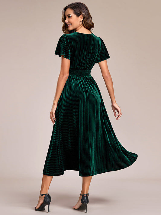 ever AZALEA|Striped Velvet Flutter Sleeves V-Neck Midi Evening Dress