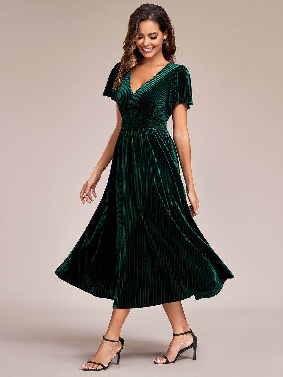 ever AZALEA|Striped Velvet Flutter Sleeves V-Neck Midi Evening Dress