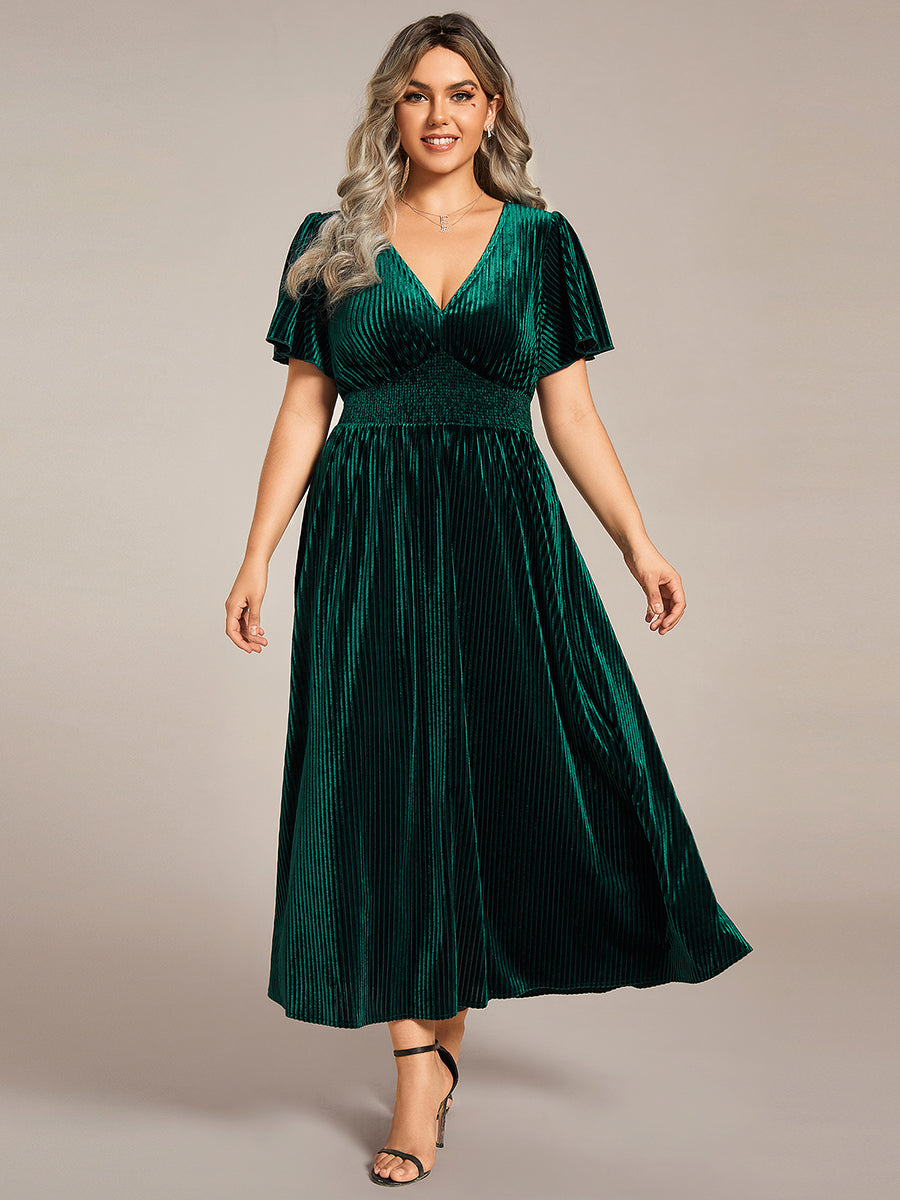 ever AZALEA|Striped Velvet Flutter Sleeves V-Neck Midi Evening Dress