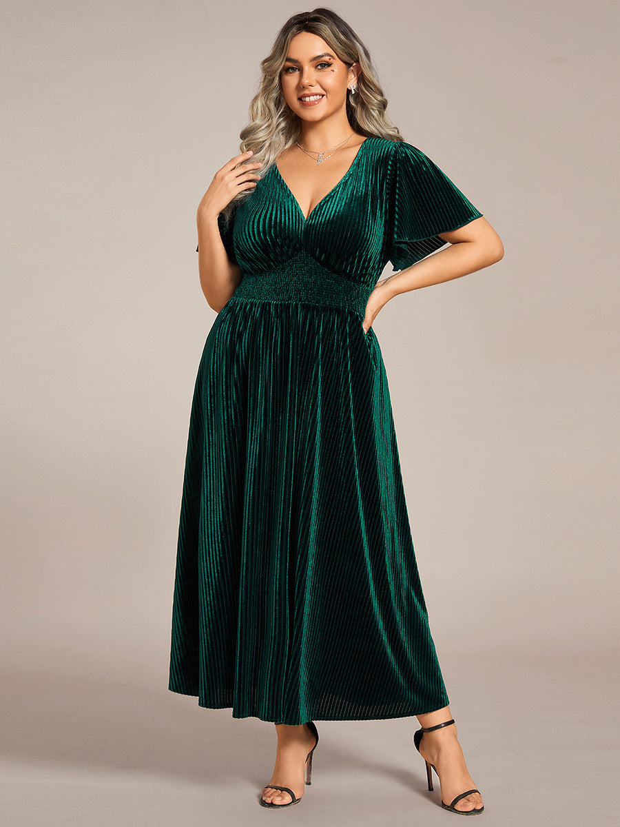 ever AZALEA|Striped Velvet Flutter Sleeves V-Neck Midi Evening Dress