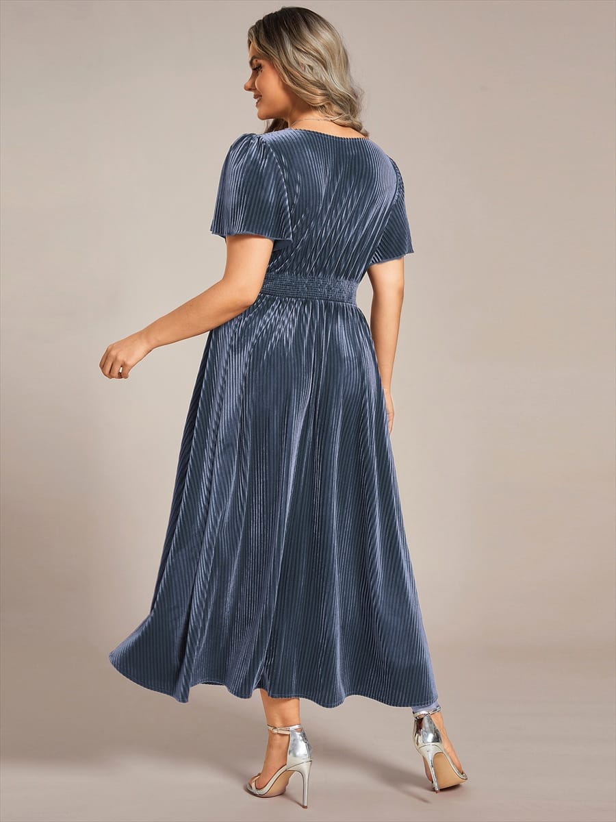 ever AZALEA|Striped Velvet Flutter Sleeves V-Neck Midi Evening Dress