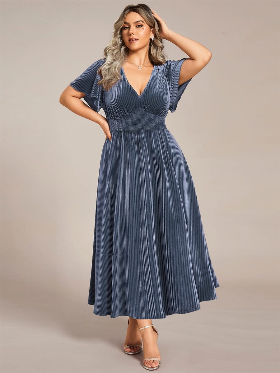 ever AZALEA|Striped Velvet Flutter Sleeves V-Neck Midi Evening Dress