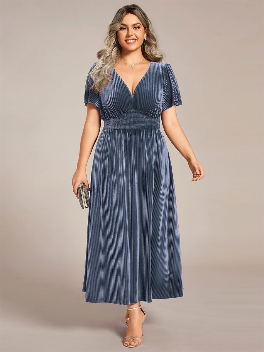 ever AZALEA|Striped Velvet Flutter Sleeves V-Neck Midi Evening Dress