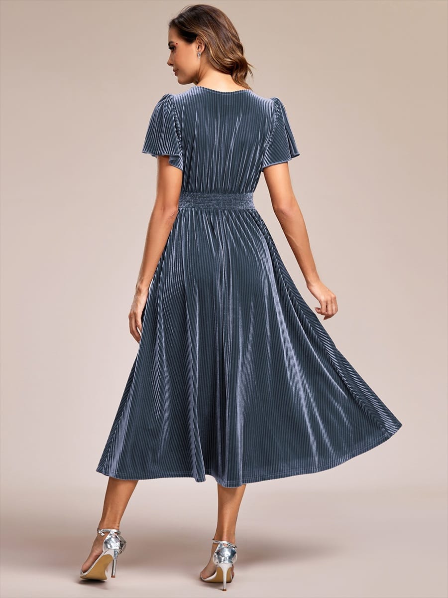 ever AZALEA|Striped Velvet Flutter Sleeves V-Neck Midi Evening Dress