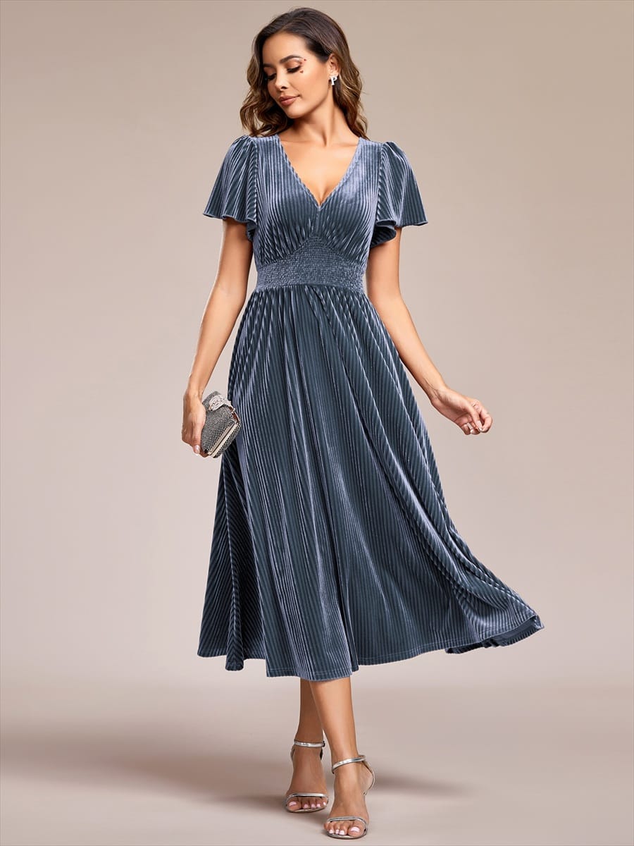 ever AZALEA|Striped Velvet Flutter Sleeves V-Neck Midi Evening Dress
