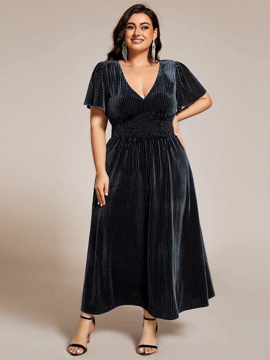 ever AZALEA|Striped Velvet Flutter Sleeves V-Neck Midi Evening Dress